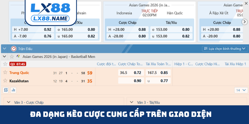 Đa dạng kèo cược cung cấp trên giao diện